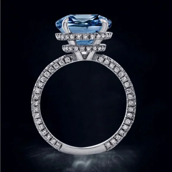 Italo Blue Topaz Ring Hidden Halo Cushion Cut Engagement Ring - Picture 5 of 11